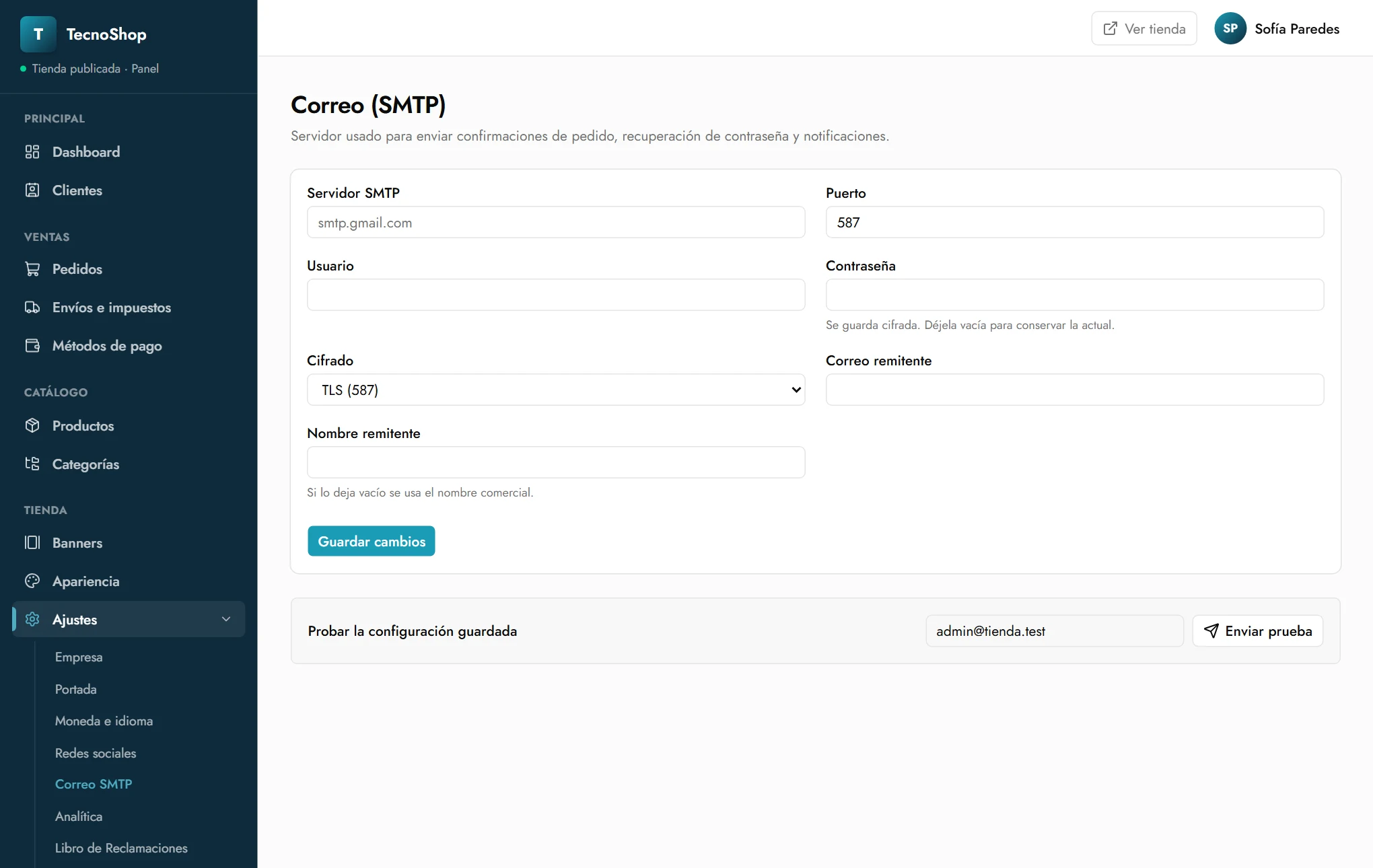 Ajustes de correo SMTP