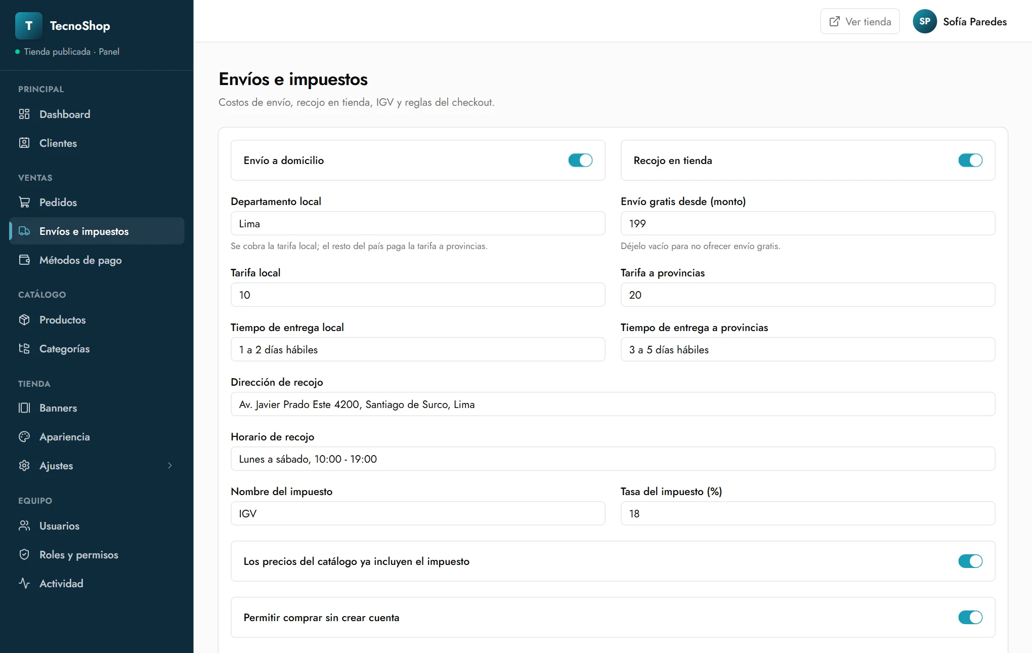 Configuración de envíos e impuestos