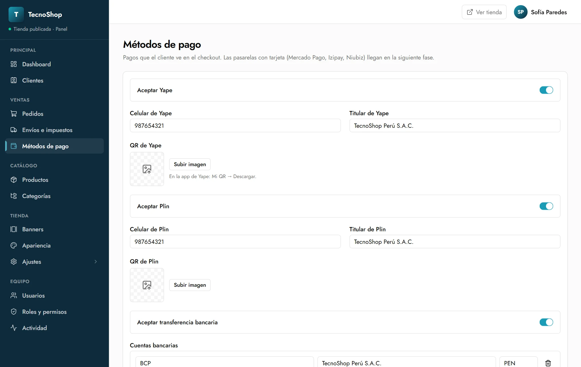 Configuración de métodos de pago: Yape, Plin, transferencia y contra entrega