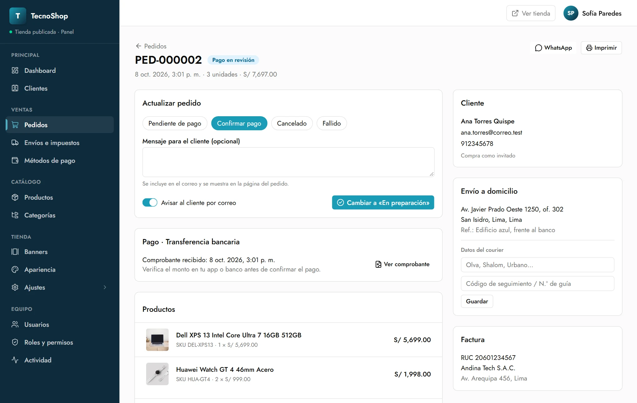 Detalle de un pedido con la tarjeta Actualizar pedido