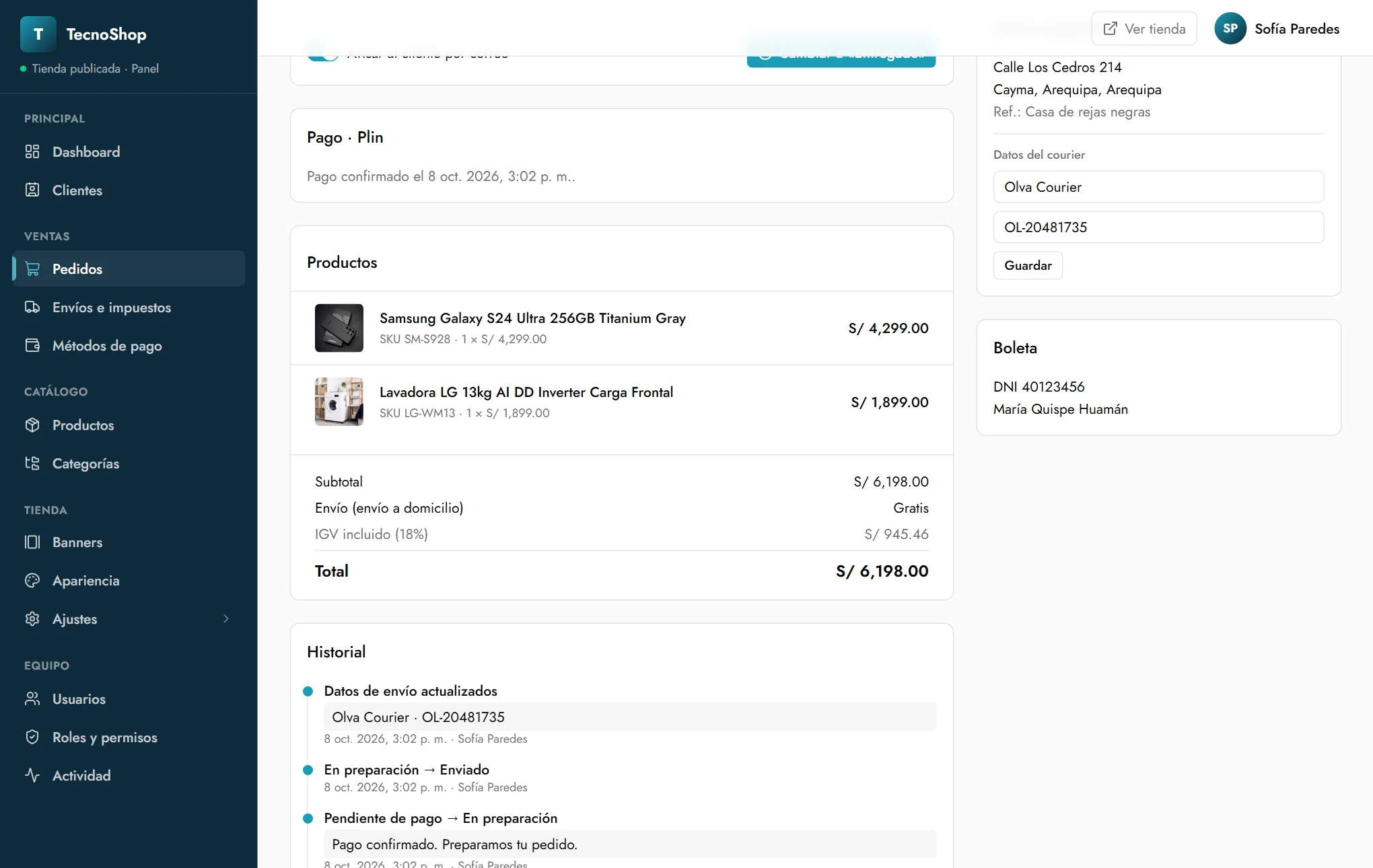 Pedido enviado con datos del courier y código de seguimiento