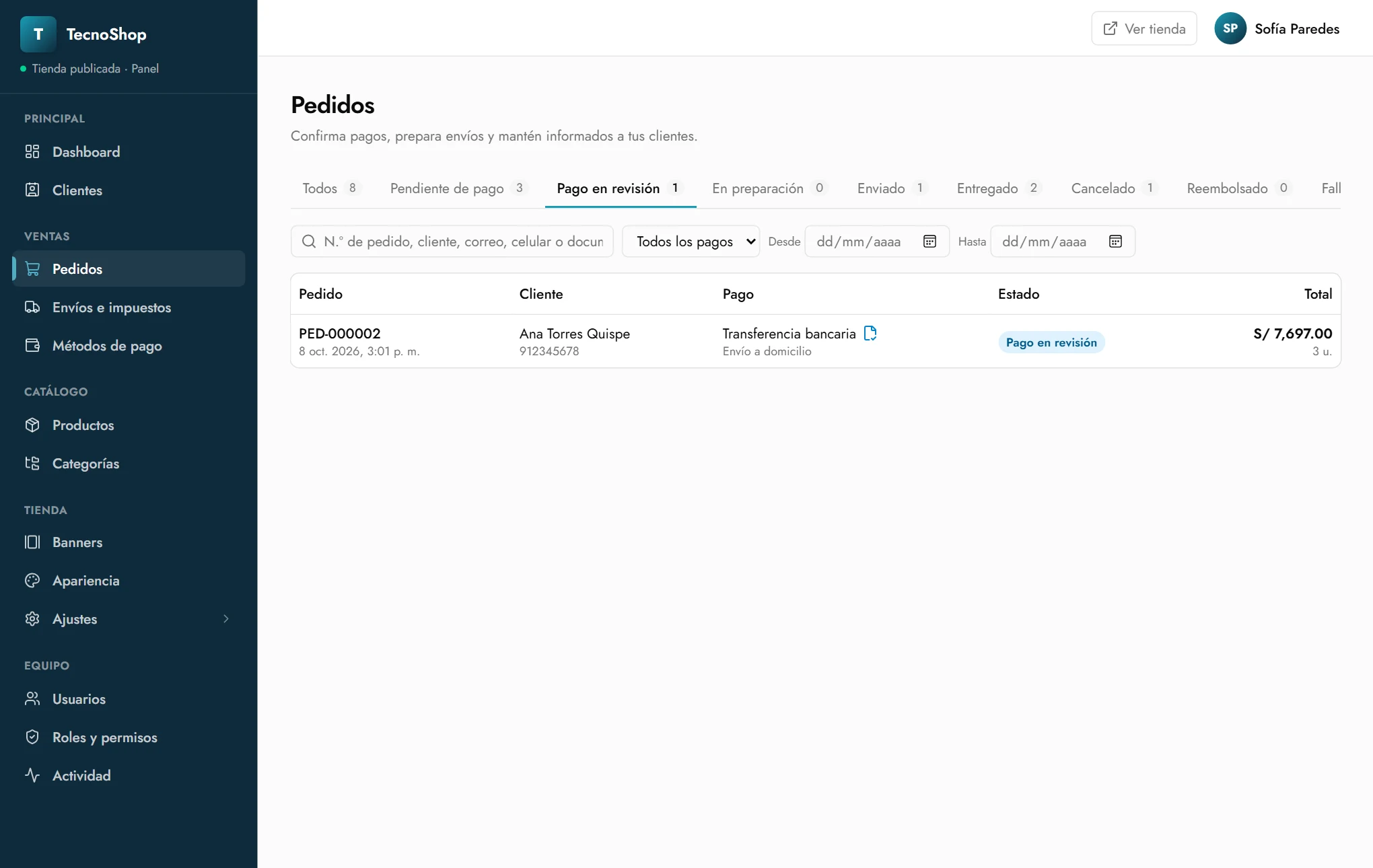 Pedidos con pago en revisión