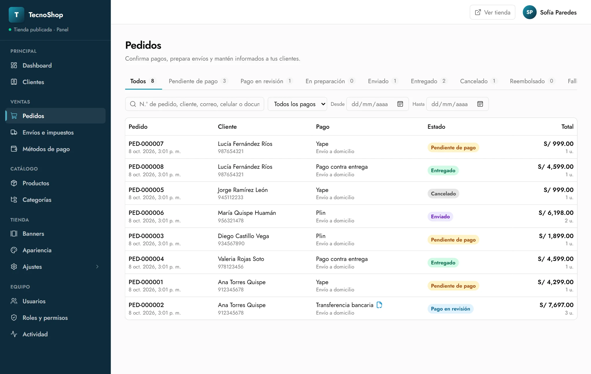 Lista de pedidos con buscador y pestañas por estado