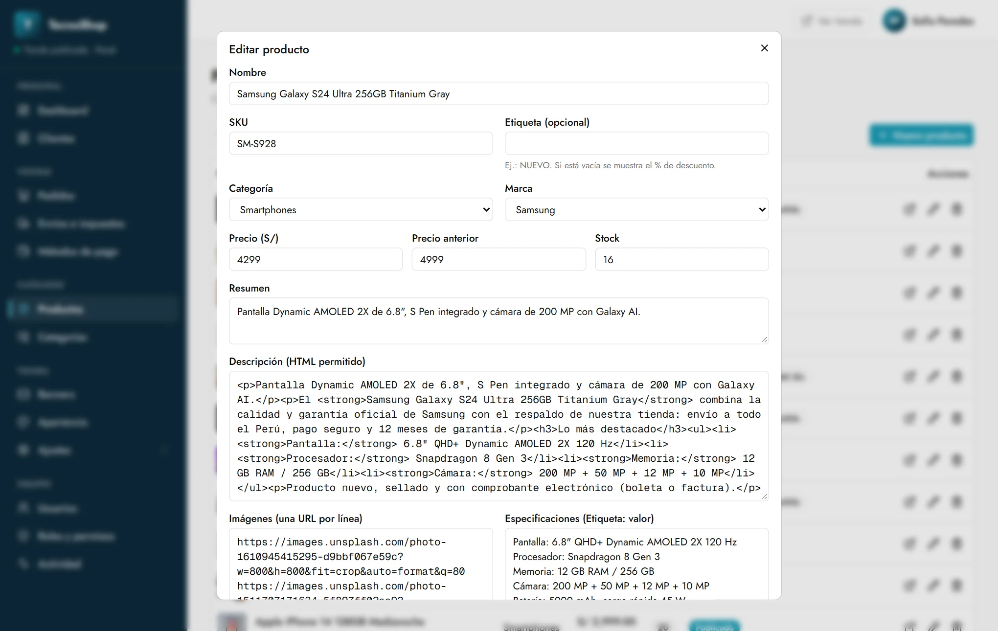 Formulario de edición de un producto