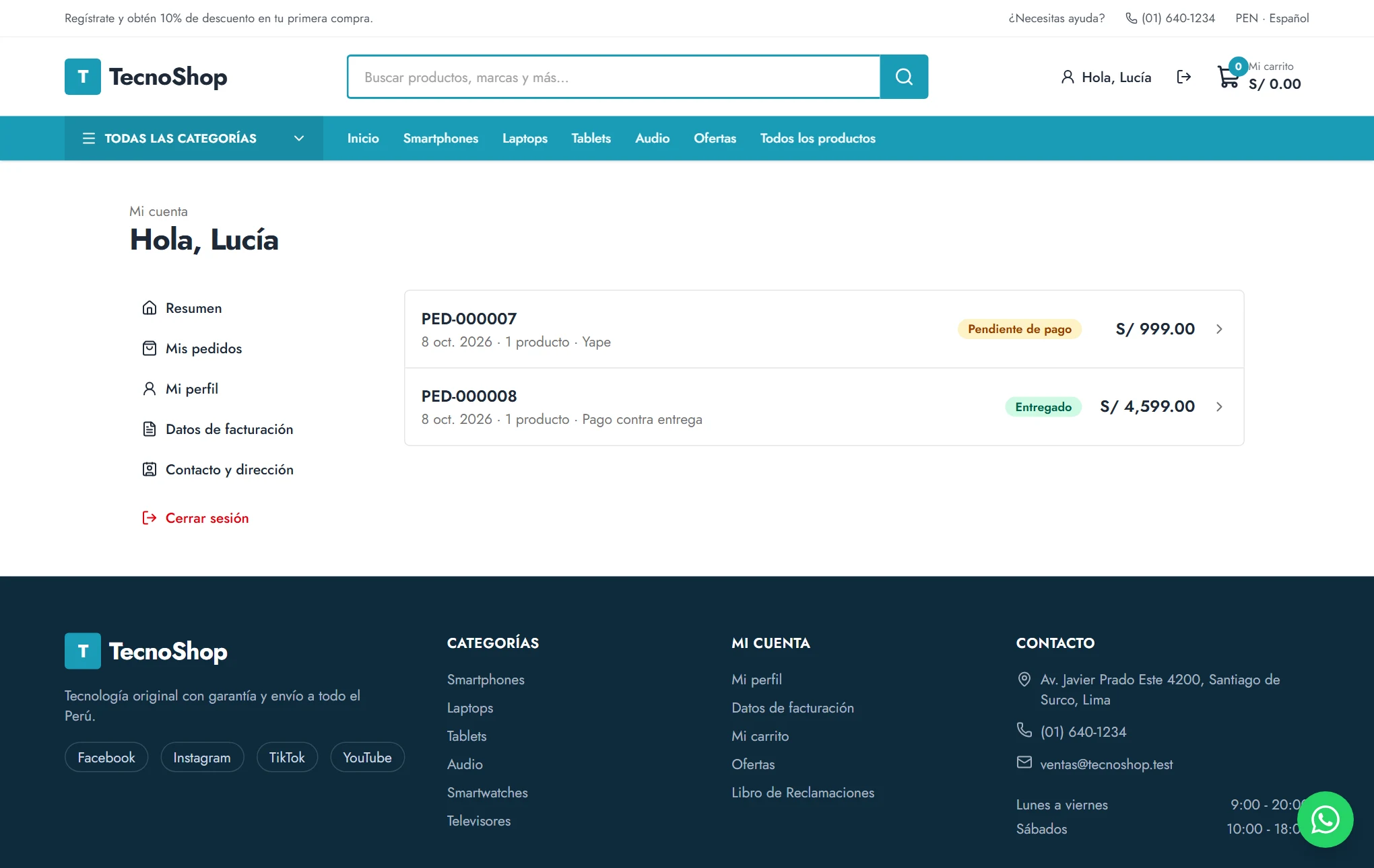 Lista de pedidos del cliente en Mi cuenta