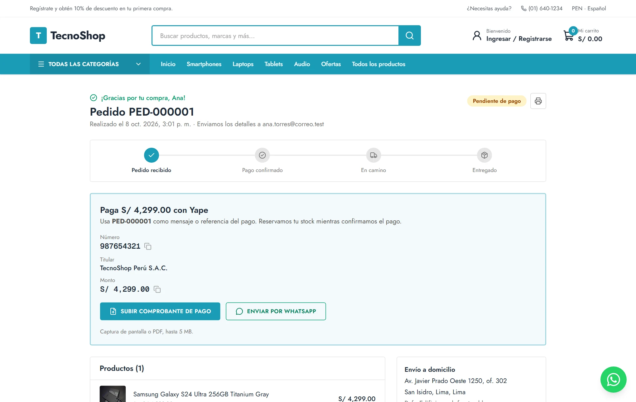 Página del pedido con instrucciones de pago por Yape
