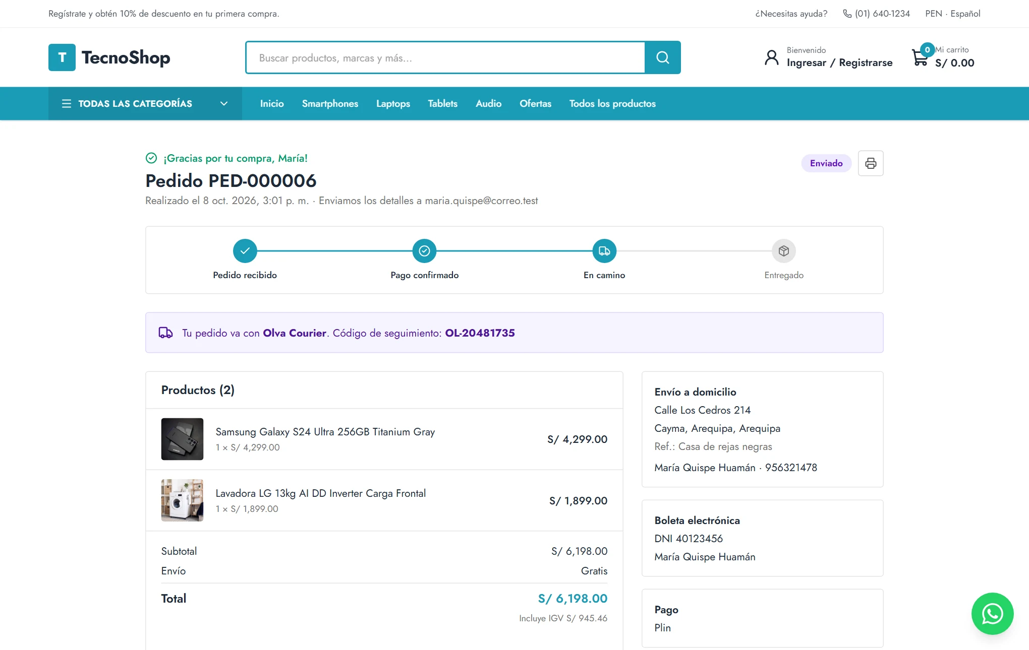 Pedido enviado con barra de avance y código de seguimiento del courier