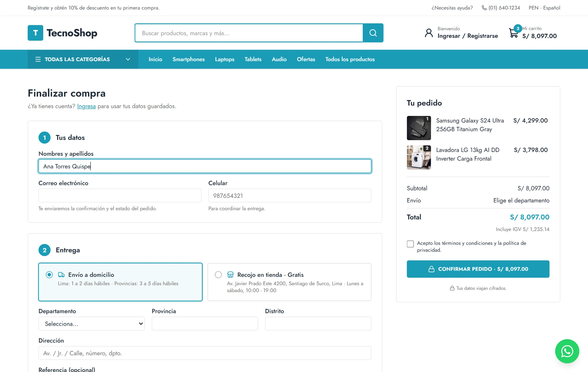 Checkout: datos del cliente y forma de entrega